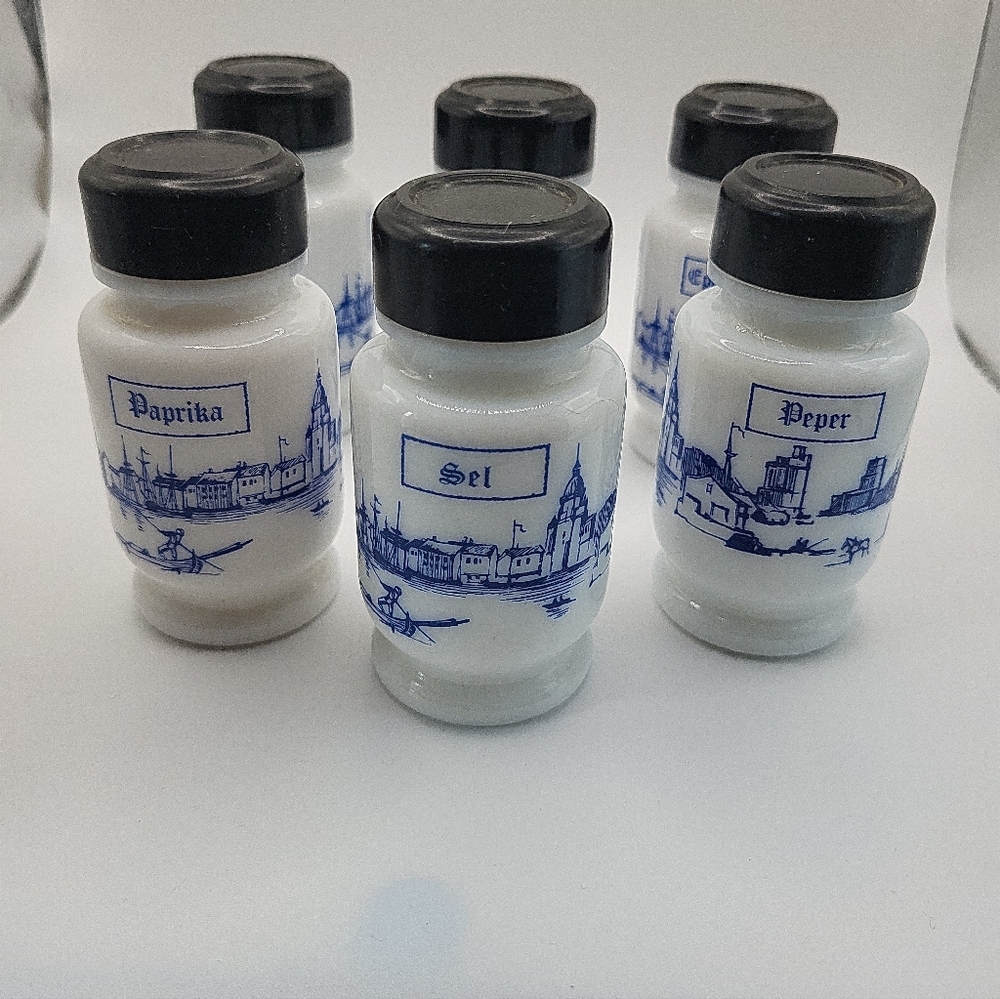 Vintage Blue & Spice Jars — Set of 6 Milk Glass Conta